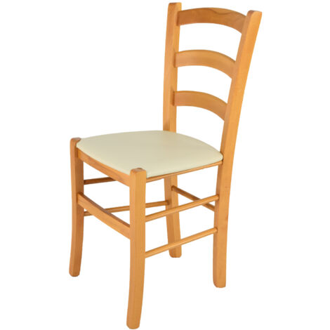 Tommychairs - Sedia modello Venice per cucina bar e sala da pranzo, robusta struttura in legno di faggio color miele e seduta rivestita in pelle artificiale color avorio