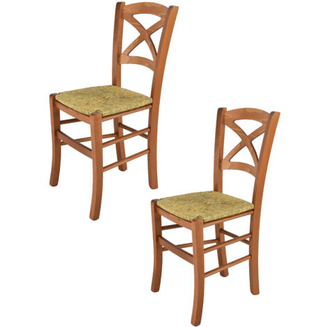 Tommychairs - Set 2 sedie modello Cross per cucina, bar e sala da pranzo, robusta struttura in legno di faggio color ciliegio e seduta in paglia