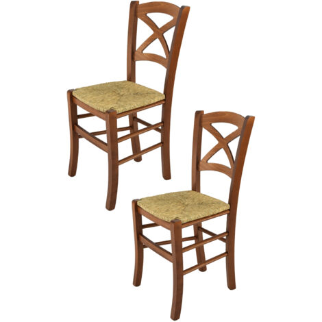 Tommychairs - Set 2 sedie modello Cross per cucina, bar e sala da pranzo, robusta struttura in legno di faggio color noce chiaro e seduta in paglia