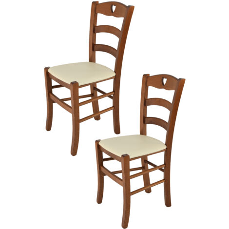 Tommychairs - Set 2 sedie modello Cuore per cucina bar e sala da pranzo, robusta struttura in Legno di faggio color noce chiaro e seduta rivestita in pelle artificiale color avorio