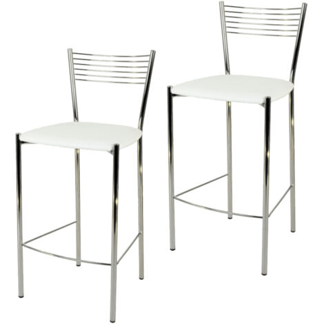 Tommychairs - Set 2 sgabelli alti modello Elegance per cucina e bar, struttura in acciaio cromato e seduta imbottita e rivestita in pelle artificiale colore bianco