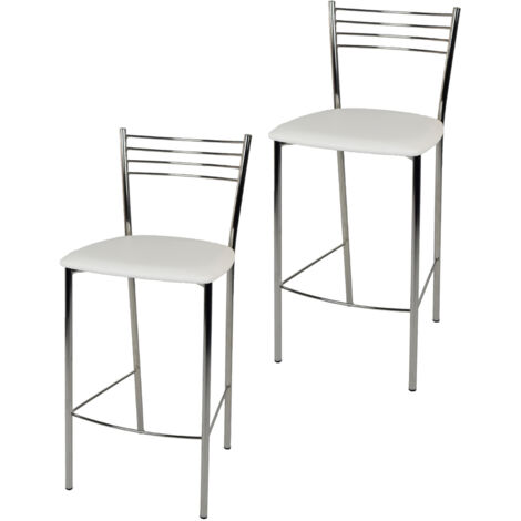 Tommychairs - Set 2 sgabelli alti modello Elena per cucina e bar, struttura in acciaio cromato e seduta imbottita e rivestita in pelle artificiale colore bianco