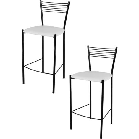 Tommychairs - Set 2 tabourets ELEGANCE pour cuisine, bar et salle Ã  manger, robuste structure en acier peindrÃ© en couleur noir et assise rembourrÃ©e et revÃªtue en cuir artificiel couleur blanc