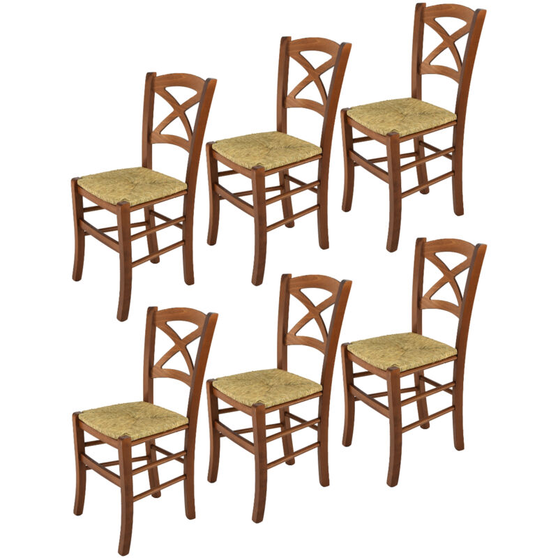 T M C S - Tommychairs - Set 6 chaises cross pour cuisine, bar et salle à manger, robuste structure en bois de hêtre peindré en couleur noyer clair et