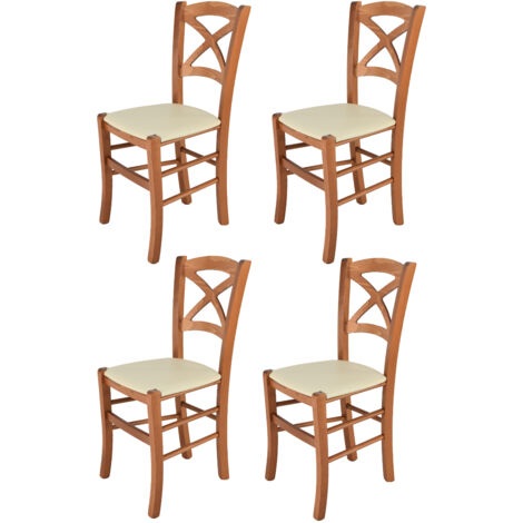 Tommychairs - Set 4 sedie modello Cross per cucina bar e sala da pranzo, robusta struttura in legno di faggio color ciliegio e seduta rivestita in pelle artificiale color avorio