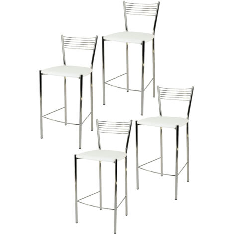 Tommychairs - Set 4 sgabelli alti modello Elegance per cucina e bar, struttura in acciaio cromato e seduta imbottita e rivestita in pelle artificiale colore bianco