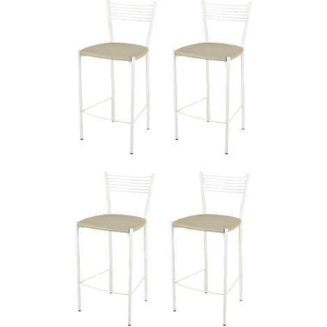 Tommychairs - Set 4 sgabelli alti modello Elegance per cucina e bar, struttura in acciaio verniciata colore bianco e seduta imbottita e rivestita in pelle artificiale colore lino