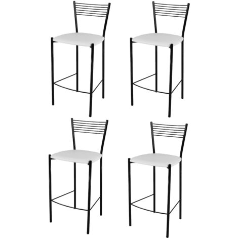 Tommychairs - Set 4 sgabelli alti modello Elegance per cucina e bar, struttura in acciaio verniciata colore nero e seduta imbottita e rivestita in pelle artificiale colore bianco