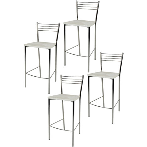 Tommychairs - Set 4 sgabelli alti modello Elena per cucina e bar, struttura in acciaio cromato e seduta in finta paglia colore bianco
