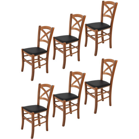 Tommychairs - Set 6 sedie modello Cross per cucina bar e sala da pranzo, robusta struttura in legno di faggio color noce chiaro e seduta rivestita in pelle artificiale colore nero
