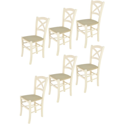 Tommychairs - Set 6 sedie modello Cross per cucina bar e sala da pranzo, robusta struttura in legno di faggio verniciata anilina bianca e seduta rivestita in tessuto colore canapa