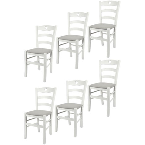 Tommychairs - Set 6 sedie modello Cuore per cucina bar e sala da pranzo, robusta struttura in Legno di faggio laccato bianco e seduta rivestita in tessuto colore grigio perla