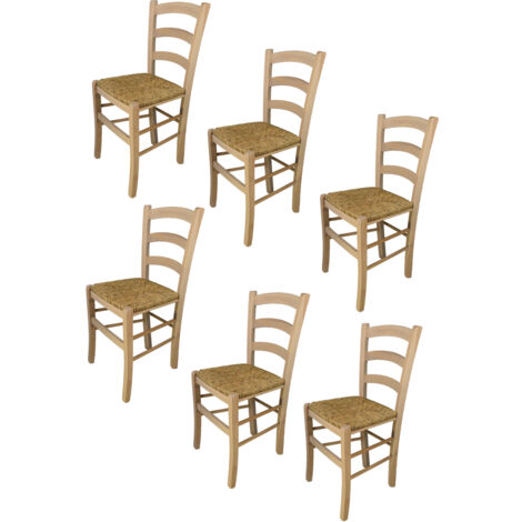 Tommychairs - Set 6 sedie modello Venezia per cucina bar e sala da pranzo, robusta struttura in legno di faggio levigato, non trattato, 100% naturale e seduta in paglia