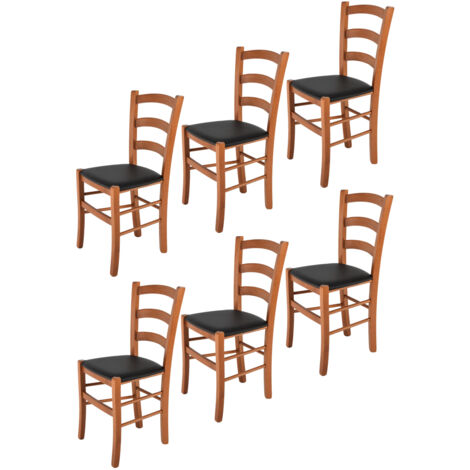 Tommychairs - Set 6 sedie modello Venice per cucina bar e sala da pranzo, robusta struttura in legno di faggio color ciliegio e seduta rivestita in pelle artificiale colore nero