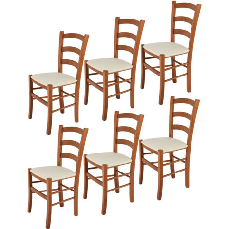 Tommychairs - Set 6 sedie modello Venice per cucina bar e sala da pranzo, robusta struttura in legno di faggio color ciliegio e seduta rivestita in tessuto color avorio