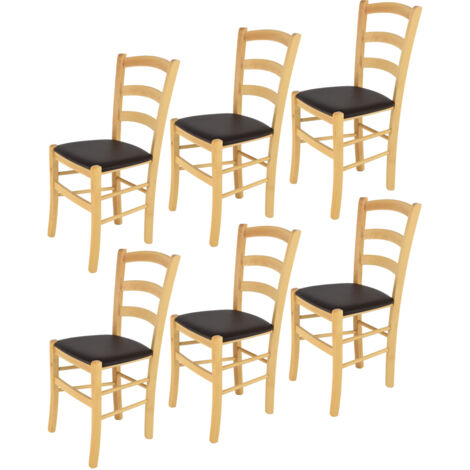 Tommychairs - Set 6 sedie modello Venice per cucina bar e sala da pranzo, robusta struttura in legno di faggio color naturale e seduta rivestita in pelle artificiale color moka