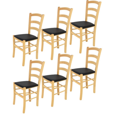 Tommychairs - Set 6 sedie modello Venice per cucina bar e sala da pranzo, robusta struttura in legno di faggio color naturale e seduta rivestita in pelle artificiale colore nero