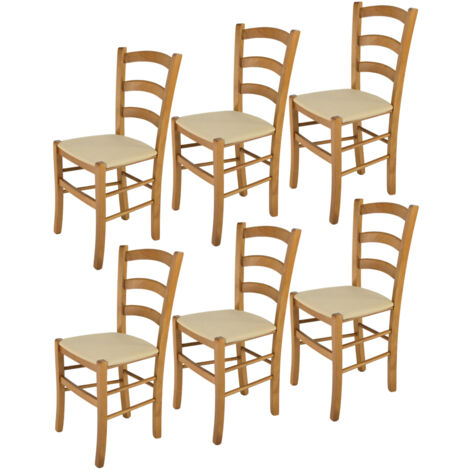Tommychairs - Set 6 sedie modello Venice per cucina bar e sala da pranzo, robusta struttura in legno di faggio color rovere e seduta rivestita in tessuto colore canapa
