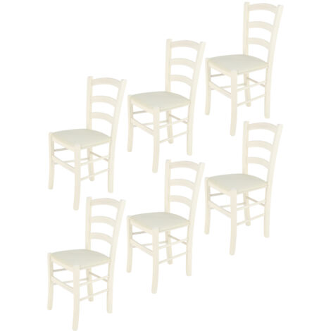 Tommychairs - Set 6 sedie modello Venice per cucina bar e sala da pranzo, robusta struttura in legno di faggio verniciata anilina bianca e seduta rivestita in tessuto color avorio