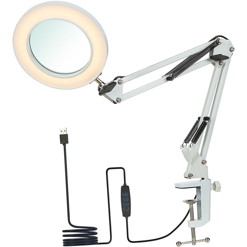 Tomshine - lampe de table à pince, lampe de travail de lecture, avec bras pivotant à loupe 8x, 3 modes de couleur, 10 niveaux de luminosité, Blanc