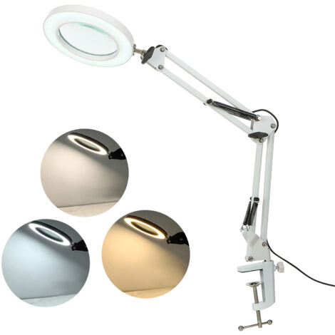 Tomshine Lampe de table flexible à pince avec loupe 8x Bras pivotant LED à intensité variable Lampe de bureau 3 modes de couleur 10 niveaux de luminosité Lecture Travail Étude.