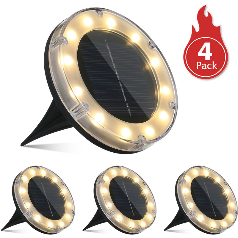 

Paquete de 4 luces de disco solar, blanco calido, 12 LED, lampara de suelo, IP65, resistente al agua, luz subterranea para exteriores, para patio,