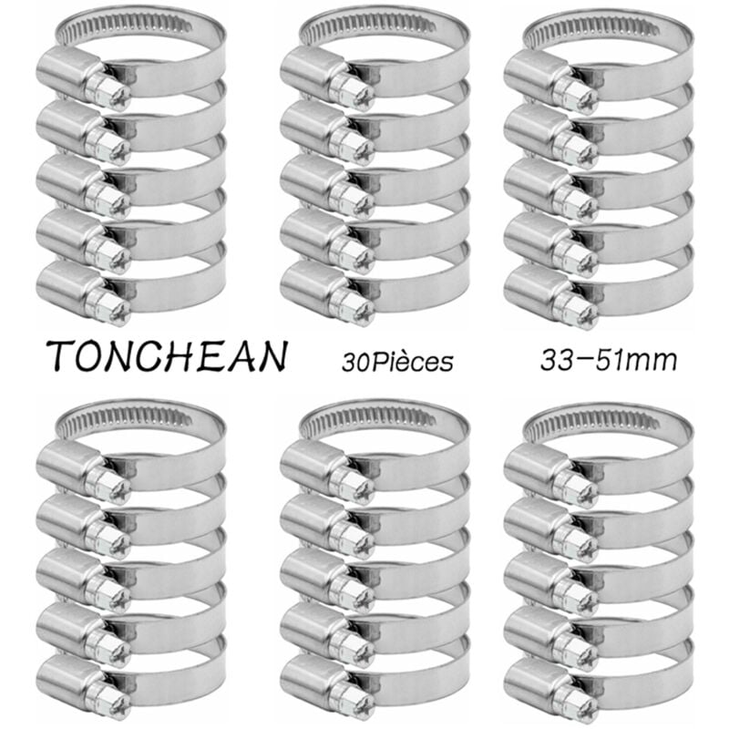 Tonchean - Collier de Serrage Tuyau Réglable 33-57mm Gamme en Acier Inoxydable 304 Assortiment Tuyau Pinces Clips pour Famille Tuyau D'eau, Home Gaz,