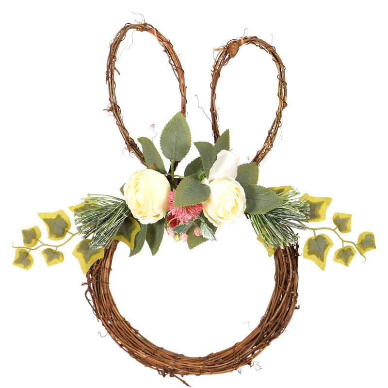 Tonchean - Décoration de Pâques Couronne de lapin suspendue à la porte Couronne de roses simulées en rotin - 35cm