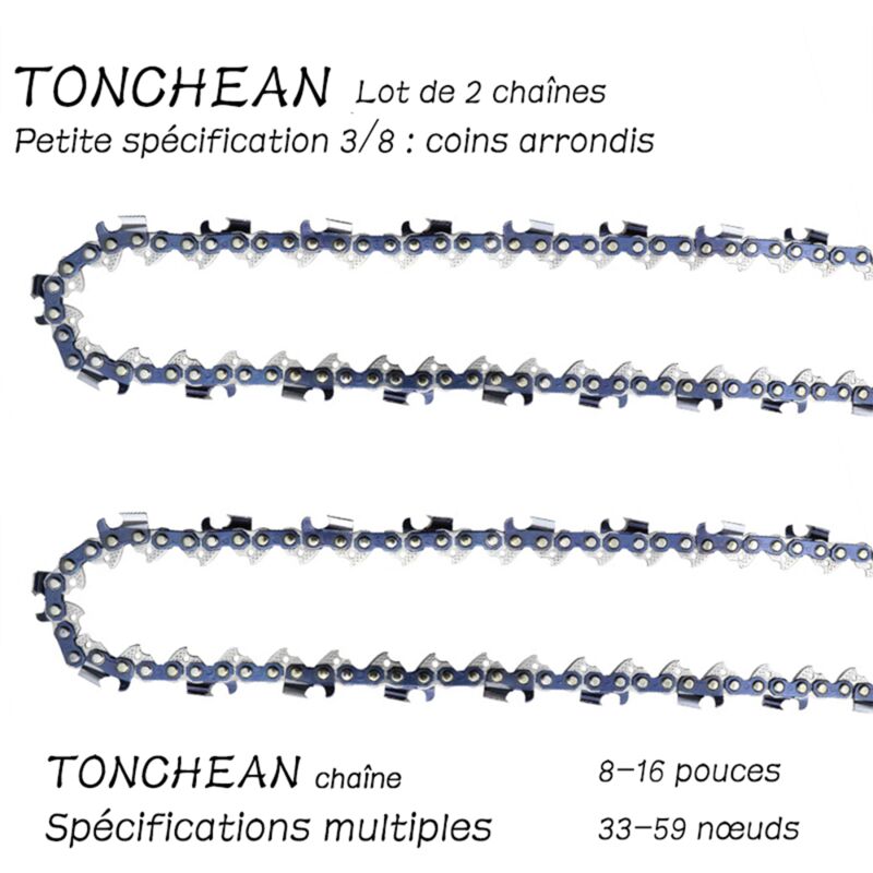 Tonchean - Guide et chaîne pour tronçonneuse,Lot de 2 chaînes de tronçonneuse Faible Rebond 3/8'LP 38 maillons pour tronçonneuse (10pouces)Lame à 19