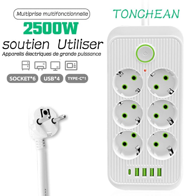 Tonchean - Multiprise Electrique,Bloc 6 Prises 2500W 10A 230V avec 4 Ports Chargeur (4 usb A+1 usb c) Prise Multi Parasurtenseur Parafoudre et