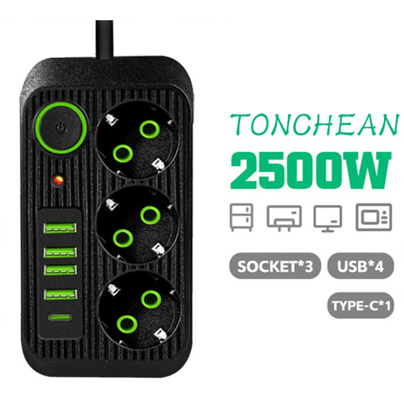 Multiprise Murale 3 Prises et 4 usb avec 1 usb c, Electrique 8 en 1, Multiprise Secteur pour la Maison Le Bureau Noir - Tonchean