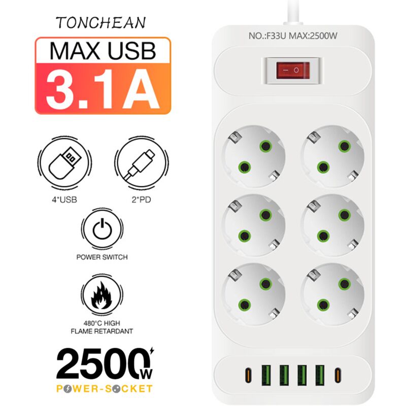 Multiprise Murale 6 Prises et 4 usb avec 2 usb c, Electrique 12 en 1, Multiprise Secteur pour la Maison Le Bureau Blanc - Tonchean