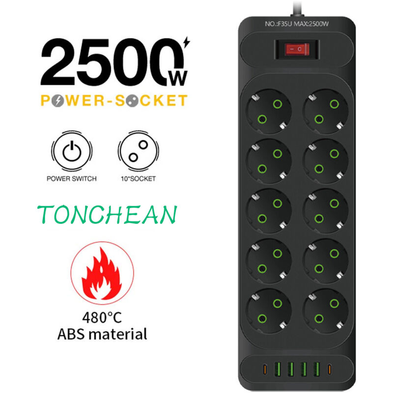 Tonchean - Multiprise usb 10 Prises avec 4 Ports usb Chargeur de Voyage (5V3.1A) 1 usb C,Multiprises Electrique 2500W 10A avec Cable 2m,Maison,