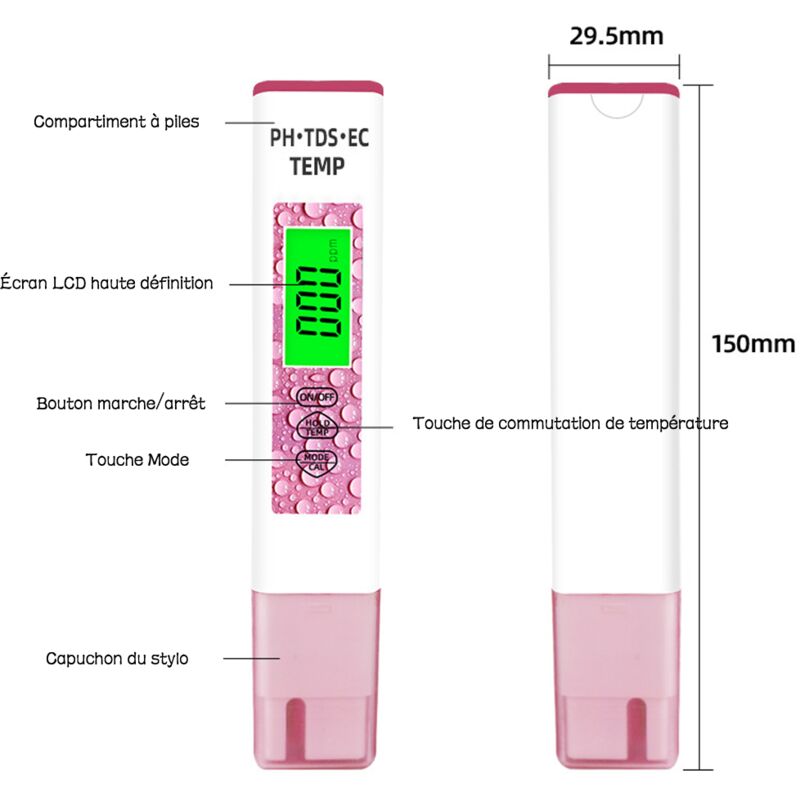 Stylo de test de qualité de l'eau quatre en un, tds, portable, ec, stylo de test de ph, compteur d'acidité rose - Tonchean