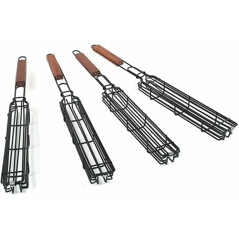 TONCHEAN Ustensile de barbecue,Lot de 4 paniers à brochettes anti-adhésifs pour barbecue avec poignée en bois résistante à la chaleur pour légumes, crevettes, fruits de mer，Panier barbecue barbecue gr