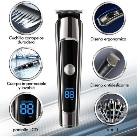 Tondeuse à barbe étanche 6 en 1 pour homme avec peigne, écran LED et batterie rechargeable USB
