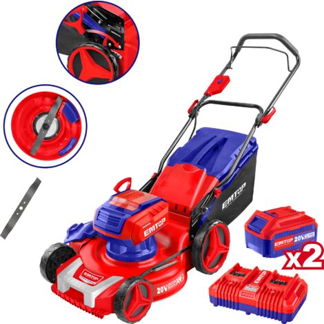 Tondeuse à batterie emtop 40v brushless avec 1 chargeur double port + 2 batteries lithium-ion 5.0ah, sac 60l, diamètre de coupe 46 cm