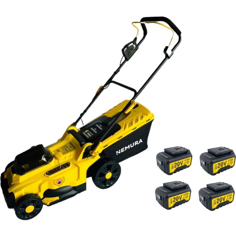Tondeuse à batterie Nemura 40V(2x20V) + 4 Batteries 4Ah + Chargeur rapide - Coupe de 37cm - Mulching + Ramassage