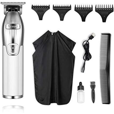 Tondeuse à Cheveux Hommes 0 mm, Barbe Professionnelle en T Sans Fil - Kit de Toilettage Rechargeable, Idéal Comme Cadeau pour et Salon Coiffure Familial Argenté