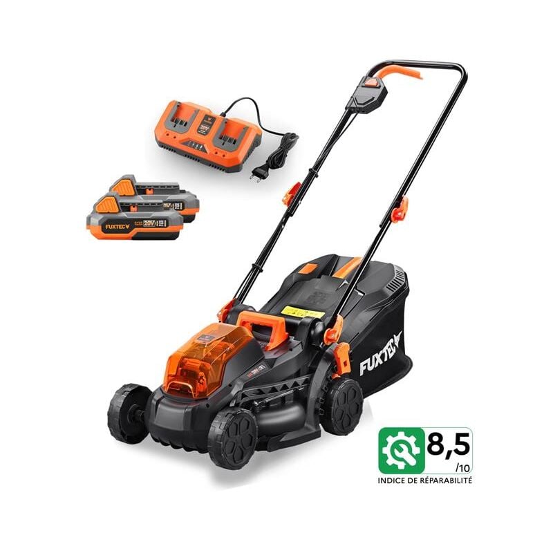 Fuxtec - Tondeuse gazon batterie 40V (2X20V) FX-E1RM20 - largeur 33cm 2 batteries Li-Ion 2Ah, double chargeur 2,4A, bac 35L
