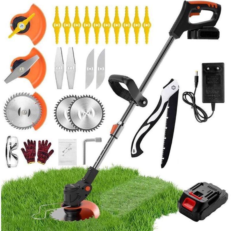 Tondeuse à gazon sans fil 21 v 2 Ah, 1 batterie et 3 lames, rétractable et pliable, tête rotative à 90°, idéale pour tondre le jardin.