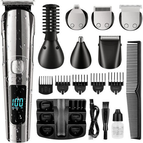 Tondeuse barbe sans fil étanche – Kit de toilettage tout-en-un avec 6 têtes de coupe – Lame acier inoxydable – Rechargeable USB