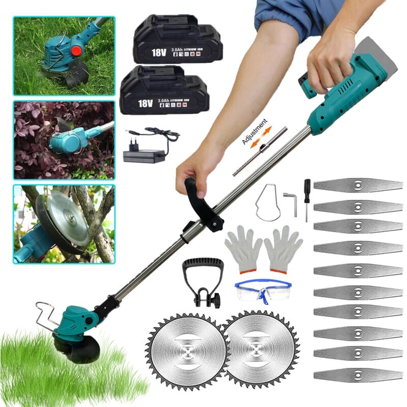 Coupe-bordure à batterie,Tondeuse à batterie, remplacement Compatible avec la batterie Makita, avec 2 3.0ah batteries + chargeur, guide télescopique