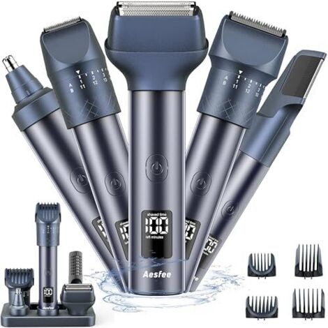 Tondeuse Cheveux, Barbe pour Homme, Professionnelle avec 20 Longueurs de Coupe Réglables, Rasoir électrique Tout-en-un et Corps Nez étanche IPX7 Station Charge USB-C Bleu Foncé -