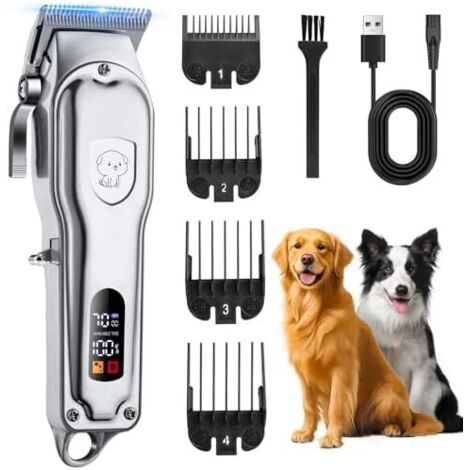 Tondeuse Chien Poil Long Epais, pour Chat Professionnelle Sans Fil avec Ecran LCD, Trimmer Poils Longs Noeud Haute Puissance de Toilettage Animaux Compagnies Argenté -