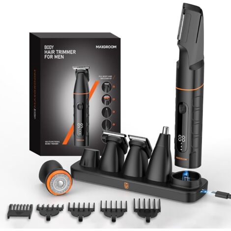 Tondeuse Corps Homme, 5 en 1 Multifonction Rasoir Électriques Hommes, 7000RPM Partie Intime Professionnelle, 120 Mins d'Autonomie USB-C Testicule Kit pour Nez, Jambes Noir-1 -