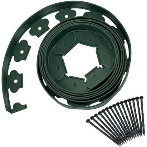 Tondeuse de jardin en plastique 10 m avec 30 piquets d'ancrage Tondeuse à gazon flexible Tondeuse à gazon avec piquets robustes Idée de jardin Largeur 5 cm, épaisseur 0,3 cm Vert