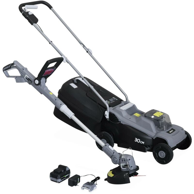 Tondeuse à gazon sans fil 30cm batterie 20V Lithium 4Ah et chargeur + débrousailleuse sans fil Ø25cm avec batterie Lithium Ion + chargeur 20V - Voltr
