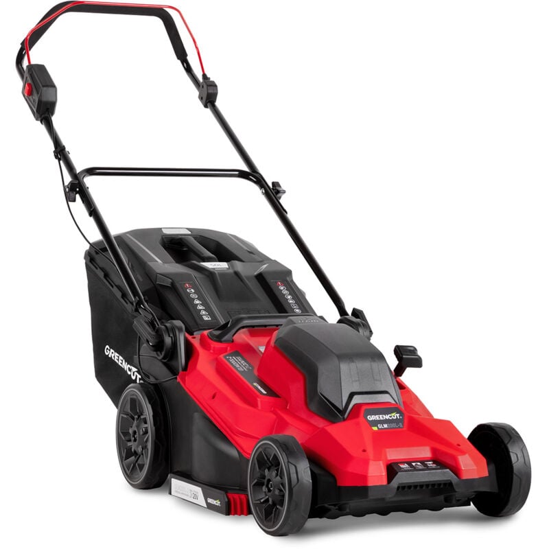 Tondeuse à gazon sans fil 40V, 2 batteries 20V + 1 chargeur, largeur de coupe 33cm, 5 hauteurs, 3100RPM, panier de ramassage 50L Greencut GLM200L-2