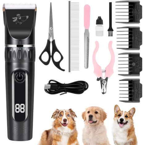Tondeuse pour animaux, tondeuse électrique sans fil rechargeable pour chiens, 5 niveaux de vitesse, écran LCD et 4 sabots de coupe.-AquaForge